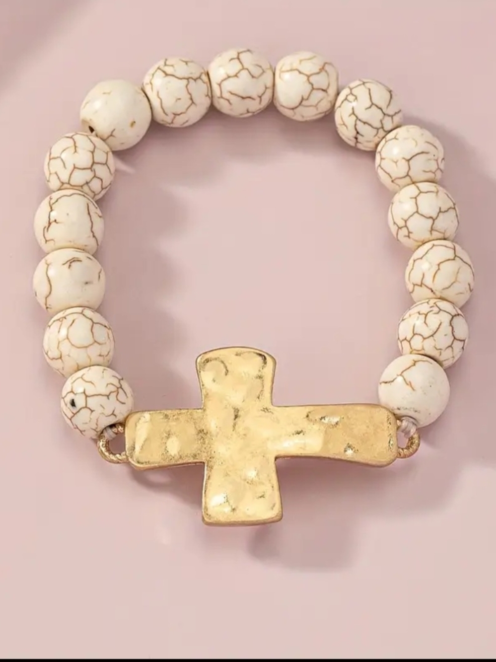 Gold Hammered Cross Genuine White Pine Stone Beaded Stretch Bracelet..new